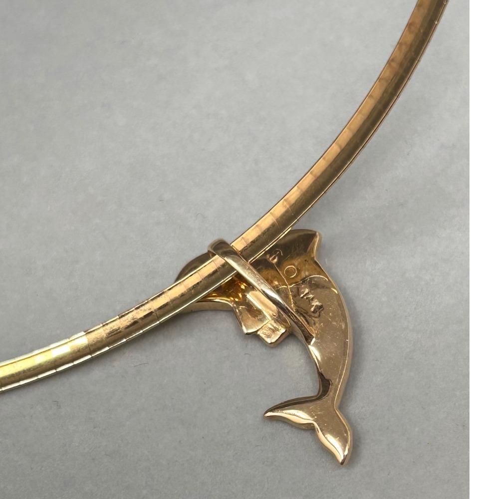 14K Yellow Gold 17" Omega Chain Necklace Pink Inlay Dolphin Pendant 15.6g Italy - Picture 3 of 9